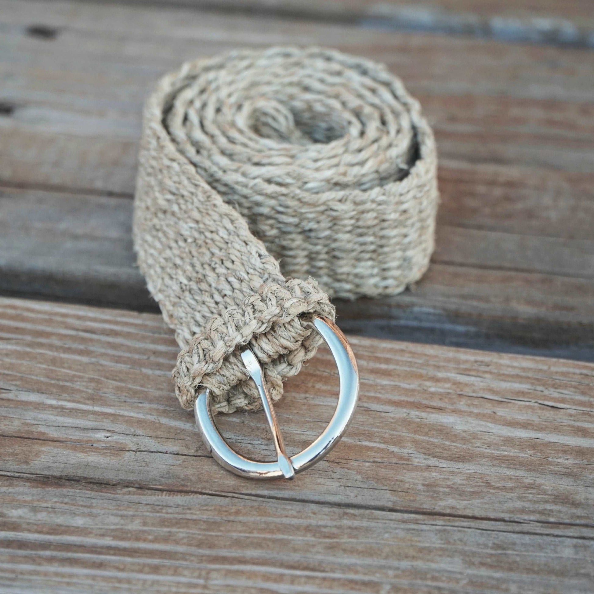Detailed close-up of the organic hemp fiber weave used in the handcrafted belt.